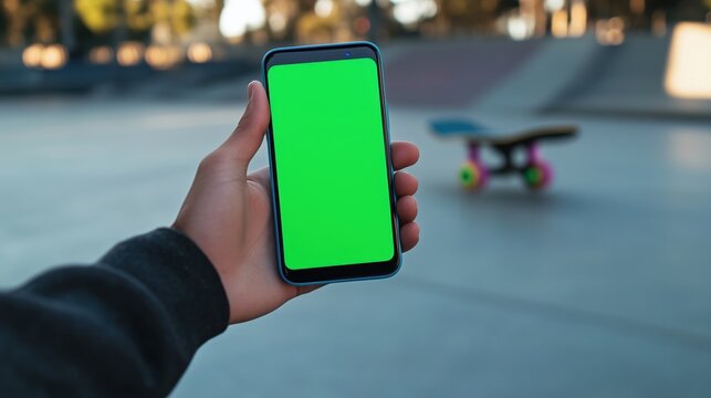A hand holds a smartphone with a bright green screen, standing in a skatepark with a skateboard blurred in the background.