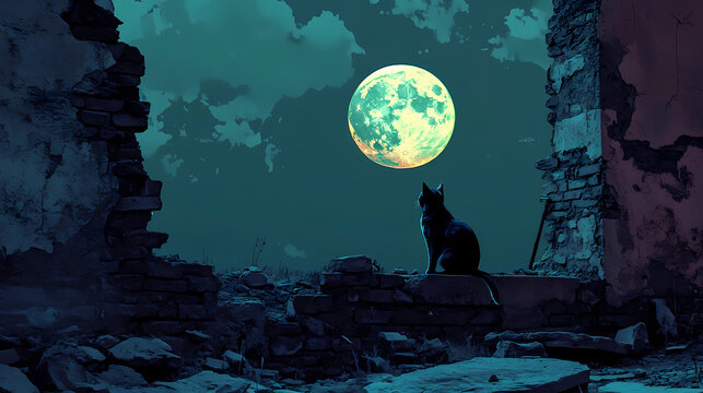 Chat au clair de lune sur un mur en ruine. Lunar Ruins. Illustration