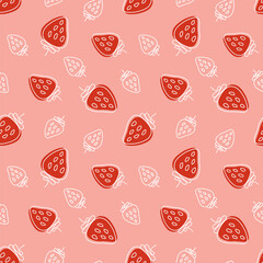 Seamless pattern of red strawberries on pink background. Cute strawberry design. Background. Vector illustration.