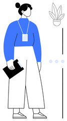 Woman with lanyard and badge, holding a folder, standing next to a wall plant. Modern office environment. Ideal for business, corporate, professionalism, minimalism, simplicity workplace personal