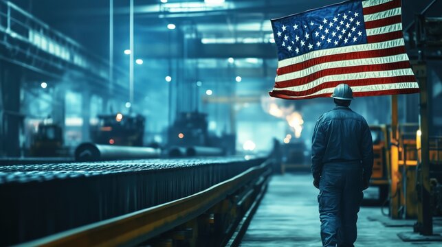 A factory worker in blue overalls walks under an American flag inside a steel plant with machinery and molten metal in the background for trade war or tariff meme. - Powered by Adobe