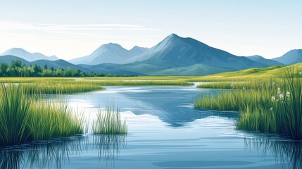 Fototapeta premium Serene Mountain Landscape with Lush Green Marshland and Tranquil Lake Reflecting the Majestic Peaks on a Clear, Sunny Day