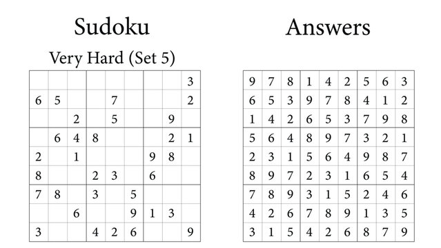 Sudoku Puzzle 9x9 Set 5 Very Hard with Answers, Fun Brain-Training Game for Kids, Teens and Adults, Vector
