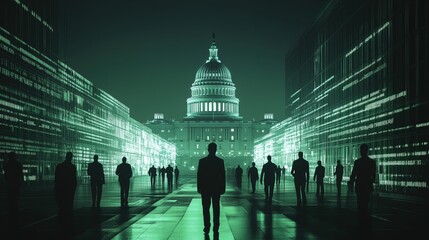A digital depiction of the U.S. Capitol in a cyberpunk, green-lit style. Silhouetted figures walk through a digital corridor.