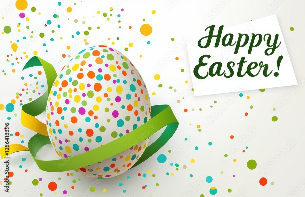 Poster easter egg with colorful polka dots and ribbon on a white background, with 