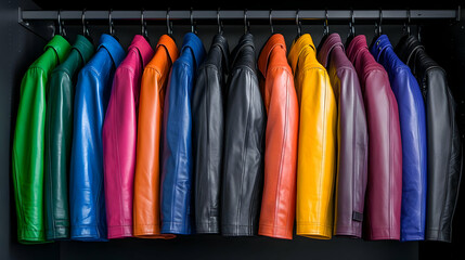 Colorful leather jackets hanging in a closet (1)