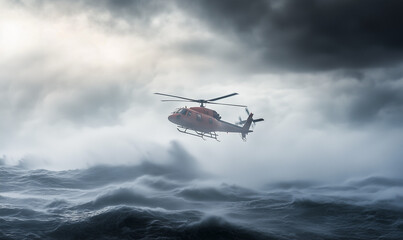 Rescue Helicopter Approaching Through Thick Fog, Navigating Uncertain Skies to Deliver Urgent Life-Saving Assistance Swiftly