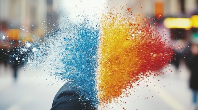 Abstract image of a person with vibrant blue and orange paint exploding from their head in a city street. A powerful visual metaphor.