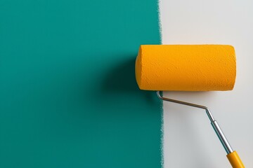 Obraz premium Painting a Wall with Teal and Yellow, Home Renovation