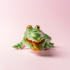 Green crocodile toy on pastel pink background. Minimal art concept.