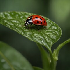 Naklejka premium This captivating photograph features a vibrant ladybug perched delicately on a green leaf, surrounded by a softly defocused background that enhances its vivid 