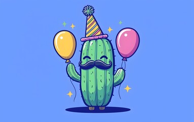 Cartoon Cactus with Mustache in Party Hat Holding Balloons, Playful and Fun Design