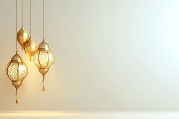 Elegant Hanging Lanterns for Eid Mubarak Celebration with Copy Space for Greetings and Ramadan Kareem Wishes in Soft Lighting Background