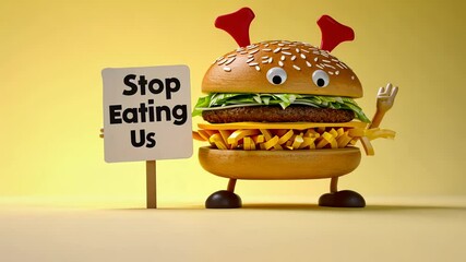 Bad food with a sign stop eating us: unhealthy meals, processed ingredients, dietary awareness, junk consumption, health risks, artificial additives, nutrition education, fast dining trans fat warning