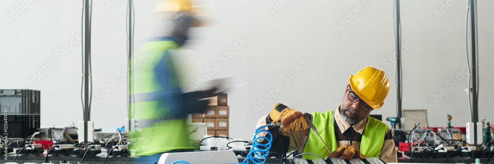 Poster header of multiethnic mature male professional using electric handtool against blurry motion of coll