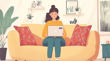 Cheerful young woman shopping online, using a credit card and laptop on a cozy couch, completing a transaction through Internet services