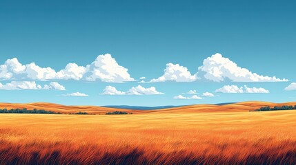 Obraz premium Vast Landscape of Golden Wheat Field with Rolling Hills and Fluffy White Clouds Under a Clear Blue Sky in a Picturesque Rural Setting