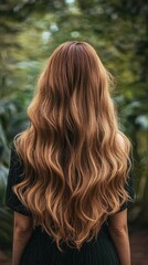 Naklejka premium Long wavy hair of a woman standing in a lush green environment during daylight