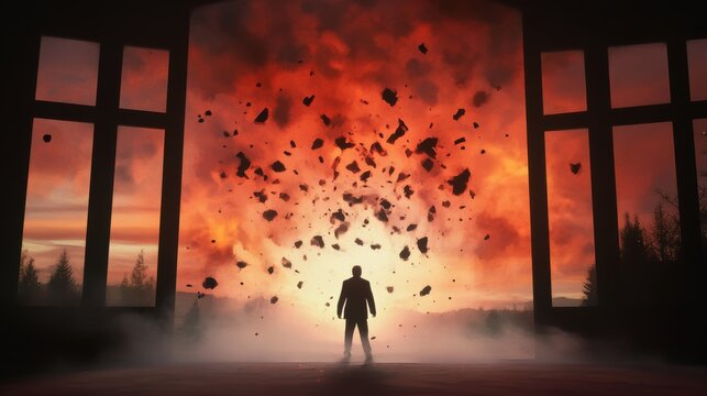Silhouette of a man standing before a fiery, surreal sunset.  Rocks and debris float in the air, creating a dramatic and intense scene.