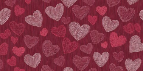 Warm and cozy hand-drawn hearts pattern on a deep burgundy background for romantic designs