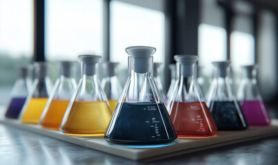 Set of laboratory beakers filled with different colored chemicals inspires innovative scientific experimentation and discovery
