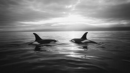 Fototapeta premium Dolphins play in ocean at sunset marine wildlife serene seascape tranquil environment underwater view nature's beauty