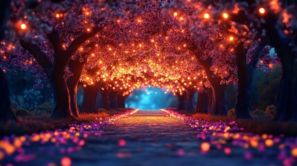 Obraz premium Magical pathway under blossoming trees adorned with warm-toned lights at night.