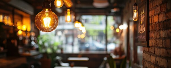 Cozy café interior with warm lighting and rustic brick walls