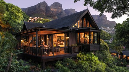 Fototapeta premium Luxurious Mountainside Home Evening Ambiance