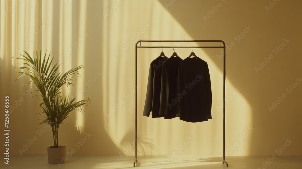 Poster minimalist clothing rack with neatly arranged garments in bright, serene setting. generative ai