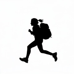 Silhouette of a female hiker with a ponytail and backpack running energetically against a white background.