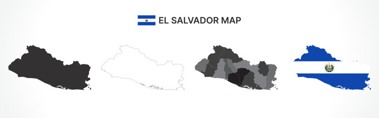Obraz premium Detailed El Salvador Map Collection with Outline, Silhouette, Departments, and Flag Overlay Variations