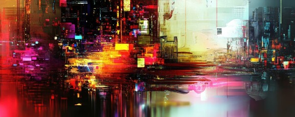 Naklejka premium Vibrant abstract cityscape with bold colors and geometric patterns