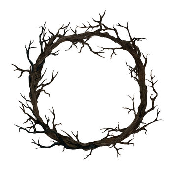 Frame dry branches without leaves. Watercolor illustration isolated from the background. Dry dark curved ramification hand drawn for Gothic, Halloween, Wake, Day of death. Template logo, postcard