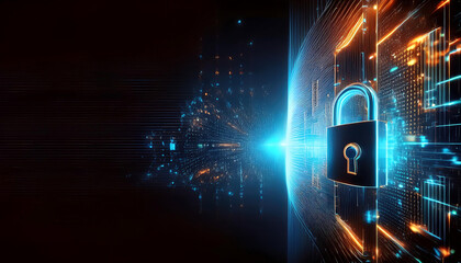 shield and padlock on binary code