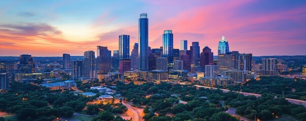Naklejka premium Vibrant sunset skyline of austin with illuminated skyscrapers and lush greenery