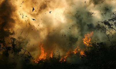 Striking powerful image capturing the Amazon rainforest burning, evoking urgency for environmental preservation and change.