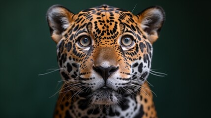 Fototapeta premium A closeup of a jaguar with piercing eyes and intricate rosette patterns on its fur set against a dark background