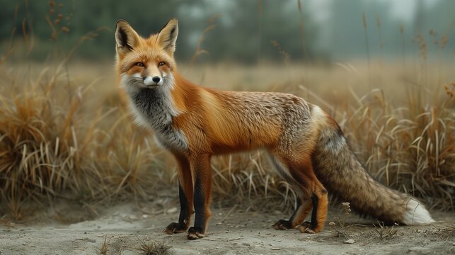 A red fox stands alert in a field of tall grass with trees in the background and sunlight casting shadows on its fur