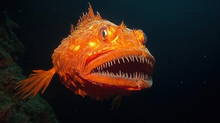 Vibrant orange rockfish swimming in deep ocean underwater photography marine environment close-up perspective