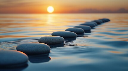 Serene sunset over calm waters with stepping stones leading into the horizon, evoking tranquility