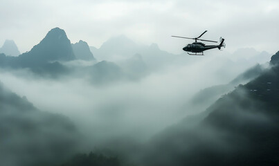 Fototapeta na wymiar Helicopter flying through thick fog, dropping essential supplies to stranded communities in desperate need urgently
