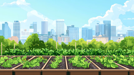 Fototapeta premium Responsible agriculture fosters organic growth. urban rooftop garden with greenery and city skyline in background. Bio-Organic Cities. Illustration