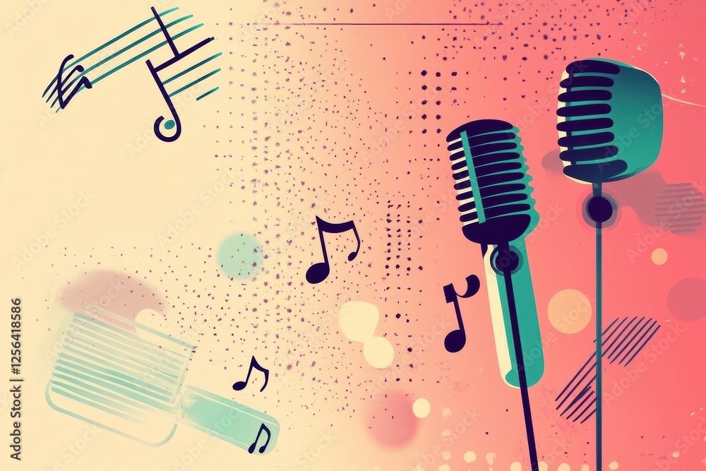 Poster creative minimalist k pop inspired background featuring music notes and microphones in vibrant color