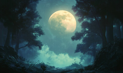 Massive luminous full moon illuminates a deep forest at night with enchanting silver radiance magically