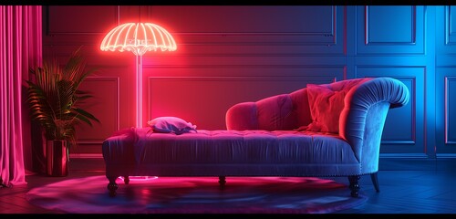colorful multicolor interior rgb lights background with sofa set and glowing background with shinng wall n the background 