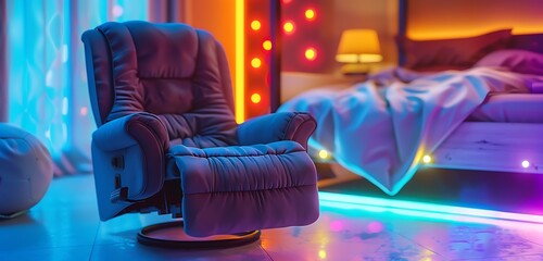 colorful multicolor interior rgb lights background with sofa set and glowing background with shinng wall n the background 