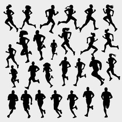 A group of people running, both men and women in various poses. Set of isolated vector silhouettes depicting motion and exercise.
