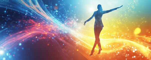 Obraz premium Female silhouette dancing in vibrant abstract light effect background