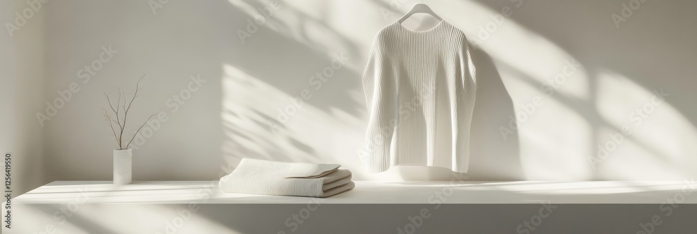 Poster Minimalist clothing display featuring a white sweater and a neatly folded towel on a neutral background in serene lighting. Generative AI